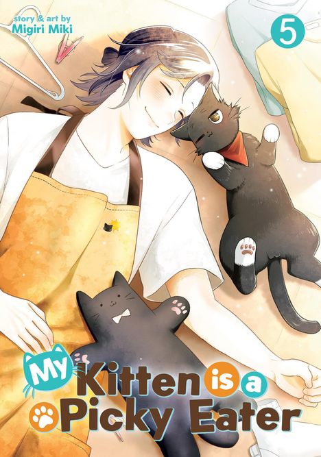 Oben: "story & art by Migiri Miki". Unten: "My Kitten is a Picky Eater". Illustration: Lächelnde Person mit Katze.