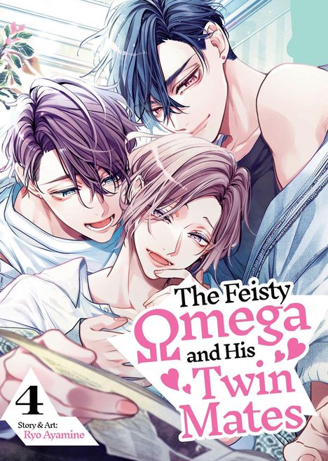„The Feisty Omega and His Twin Mates“. Drei Manga-Charaktere eng beieinander, lächeln harmonisch, halten ein Buch.