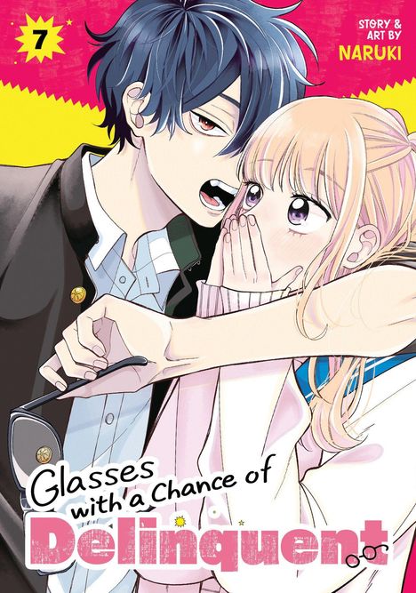 "Glasses with a Chance of Delinquent." Zwei Anime-Figuren, ein Junge mit dunklem Haar flüstert einem Mädchen mit langem Haar zu.