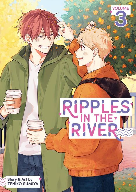 Titel: "Ripples in the River", Volume 3. Zwei lächelnde Personen, Herbstszene, mit Kaffeebechern, buntes Anime-Cover.
