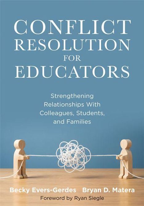"CONFLICT RESOLUTION FOR EDUCATORS" ist zusammen mit zwei Holzfiguren, die Knoten und Linien halten, auf einem blauen Hintergrund abgebildet.