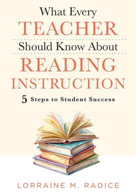 "What Every TEACHER Should Know About READING INSTRUCTION, 5 Steps to Student Success, Lorraine M. Radice."  
Offenes Buch auf einem Stapel Bücher.