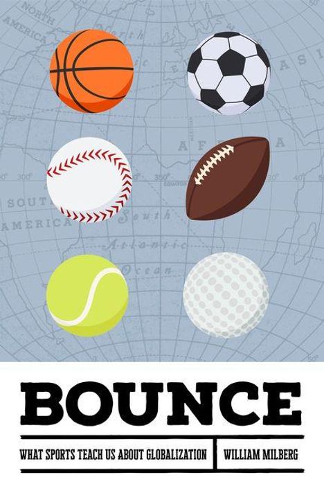 Text: "BOUNCE. What sports teach us about globalization. William Milberg." Illustration von sechs Sportbällen auf Weltkarte.