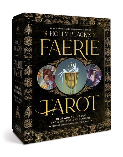 "Holly Black's Faerie Tarot" steht groß auf einer dekorativen Box mit Illustrationen und feinem Muster.