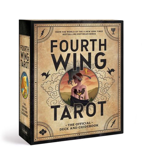 "Fourth Wing Tarot: The Official Deck and Guidebook." Ein Karton zeigt eine Frau mit Drachenmotiv, umgeben von Wolken und Drachen.