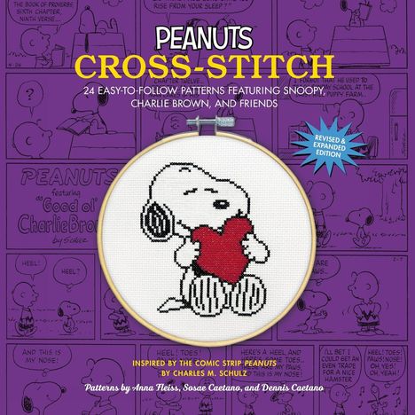 "PEANUTS CROSS-STITCH" und "24 Easy-to-Follow Patterns Featuring Snoopy, Charlie Brown, and Friends." Ein gestickter Snoopy.