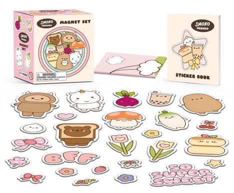 Text: "SMOKO FRIENDS MAGNET SET" auf der Box, "STICKER BOOK" auf dem Heft.  
Kawaii-Charaktere und niedliche Sticker wie Blumen und Essen.