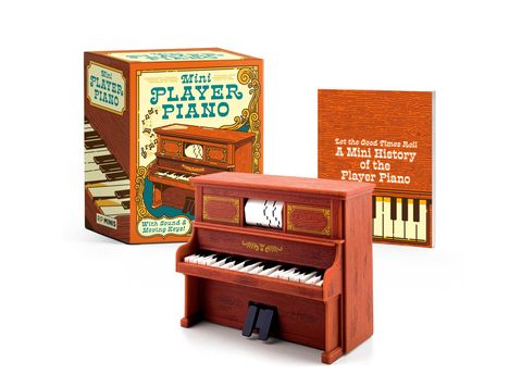 "Mini Player Piano", "With Sound & Moving Keys!", "Let the Good Times Roll: A Mini History of the Player Piano". Mini-Piano, Verpackung.