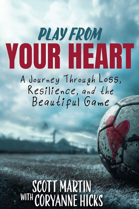 "Play from Your Heart" in großen Buchstaben. Ein Fußball mit Herz auf rauem Spielfeld im Hintergrund, Himmel bewölkt.