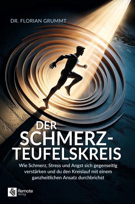 "Der Schmerz-Teufelskreis" von Dr. Florian Grummt. Silhouette eines Läufers in einem spiralförmigen Tunnel.
