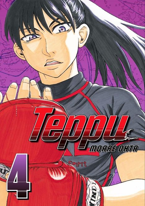„Teppu“, „Moare Ohta“, „4“, starke Frau mit rotem Handschuh und ernstem Blick, lila Hintergrund.