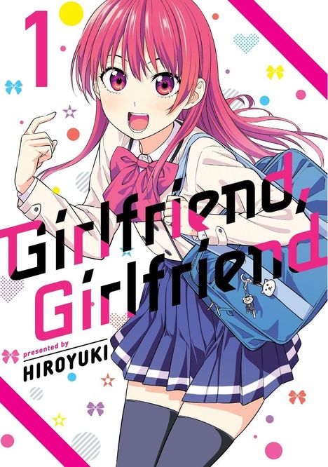 "1 Girlfriend, Girlfriend presented by HIROYUKI." Anime-Figur mit pinkem Haar, Schuluniform und Rucksack, fröhlicher Ausdruck.