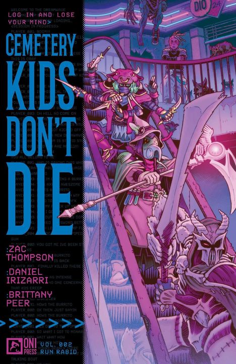 "CEMETERY KIDS DON’T DIE" in großen blauen Buchstaben. Eine bunte, düstere Illustration mit Figuren in Fantasie-Kostümen.