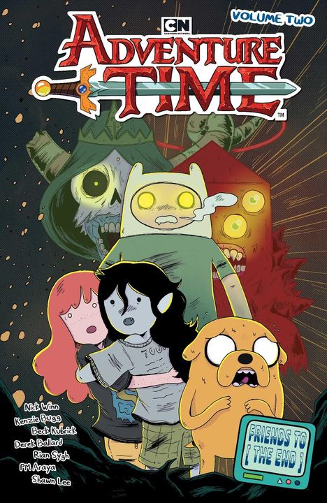 Logo "Adventure Time" oben, Schwert darunter. Ein Skelett, Finn, Jake, und andere Charaktere schauen erschrocken.