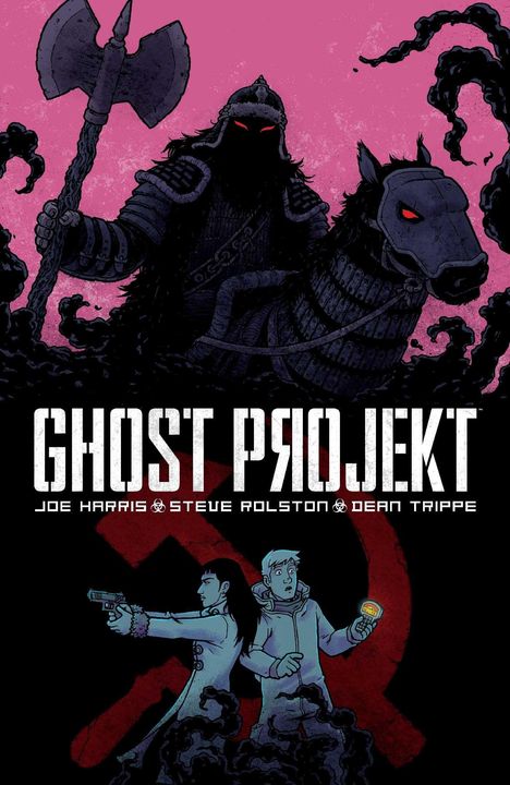 „GHOST PROJEKT“ oben. Zwei bewaffnete Figuren vor rotem Hammer und Sichel. Knight auf Pferd mit roten Augen.