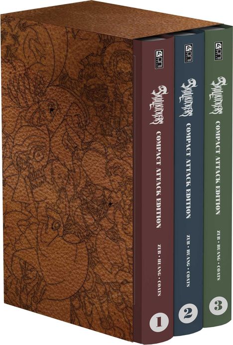 Drei Buchrücken mit Text: "SKULLKICKERS COMPACT ATTACK EDITION", nummeriert 1, 2, 3. Illustrationen auf Schuber.