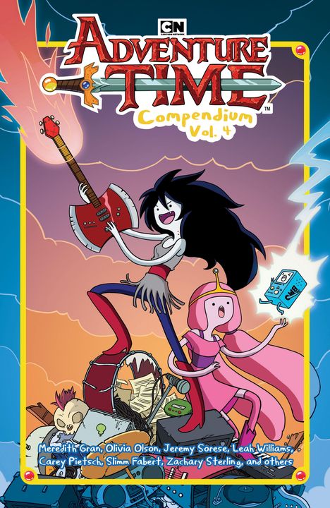 „Adventure Time Compendium Vol. 4“. Zwei Figuren musizieren auf Schrott, eine spielt eine gitarrenförmige Axt.