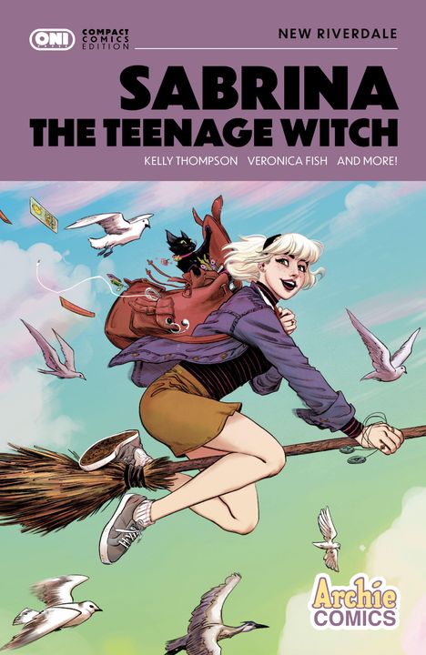 "SABRINA THE TEENAGE WITCH" steht oben. Ein Mädchen reitet auf einem Besen durch den Himmel, neben ihr fliegt eine schwarze Katze.