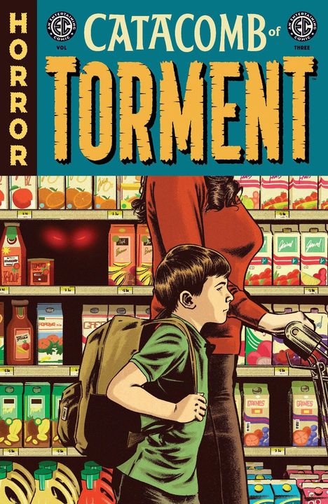"Horror", "Catacomb of Torment". Illustration von einem Kind mit Rucksack im Supermarkt, rote Augen in Regal.