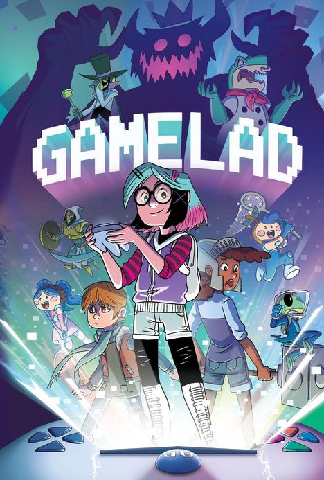 Text: GAME LAD. Eine Gruppe bunter Charaktere steht zusammen, an der Spitze ein Mädchen mit Brille und blau-pinkem Haar.