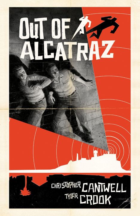 "Out of Alcatraz"; zwei gezeichnete Männer fliehen, dynamische Stilisierung mit rot-schwarzem Hintergrund und Kreismustern.