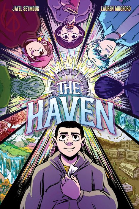Texte: "The Haven", "Jayel Seymour", "Lauren Mugford". Comic-Illustration mit einem Frontalportrait in der Mitte.