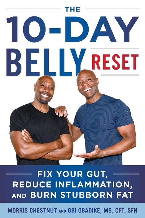 Weißer Text auf blauem Hintergrund: "THE 10-DAY BELLY RESET" von Morris Chestnut und Obi Obadike. Unten ein Segelboot-Logo.