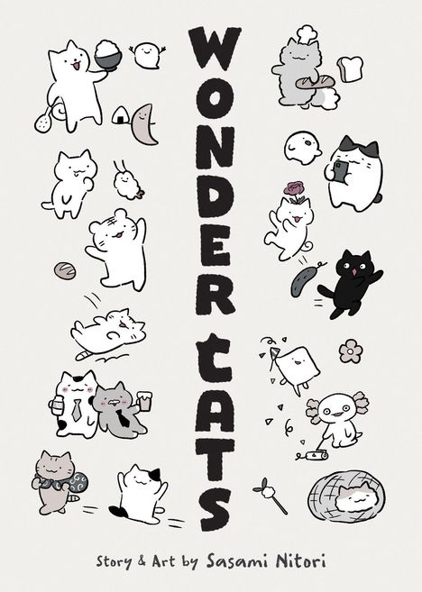„Wonder Cats“ steht in großen Buchstaben. Süße, einfache Zeichnungen von verspielten Katzen mit verschiedenen Gegenständen.