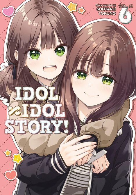 "IDOL ✕ IDOL STORY!", zwei Mädchen mit grünen Augen vor einem rosa Hintergrund, lächeln und umarmen sich.