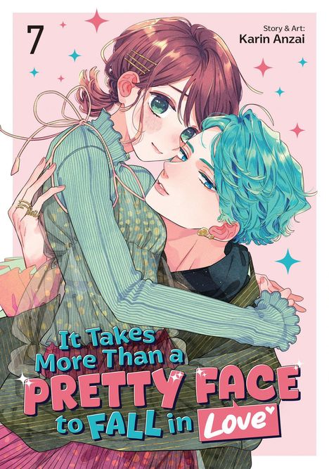 „It Takes More Than a Pretty Face to Fall in Love“ und „Story & Art: Karin Anzai“. Zwei Personen umarmen sich.