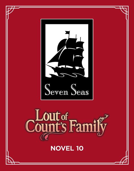 „Seven Seas“, „Lout of Count’s Family“, „NOVEL 10“. Illustration eines Segelschiffs auf rotem Hintergrund.