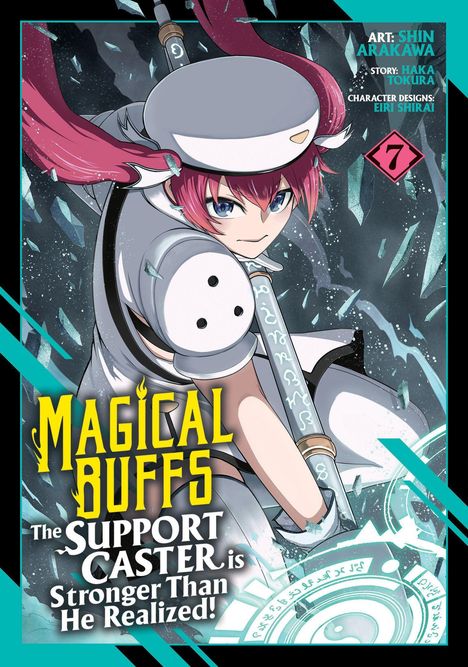 "Magical Buffs. The Support Caster is Stronger Than He Realized!" Eine Illustration eines Charakters mit roten Haaren und magischen Elementen.