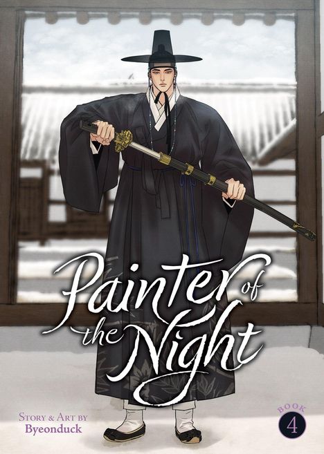 „Painter of the Night“ in eleganter Schrift, ein Mann in traditioneller koreanischer Kleidung, hält ein Schwert.