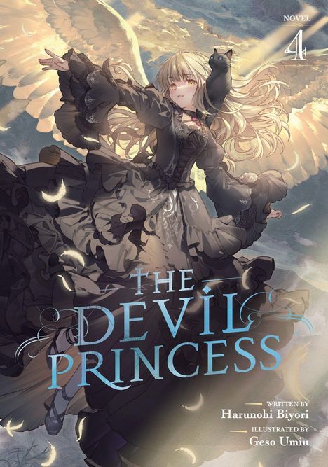 „THE DEVIL PRINCESS“, Band 4. Eine blonde Frau in schwarzem Kleid mit Flügeln und einer Katze auf der Schulter.