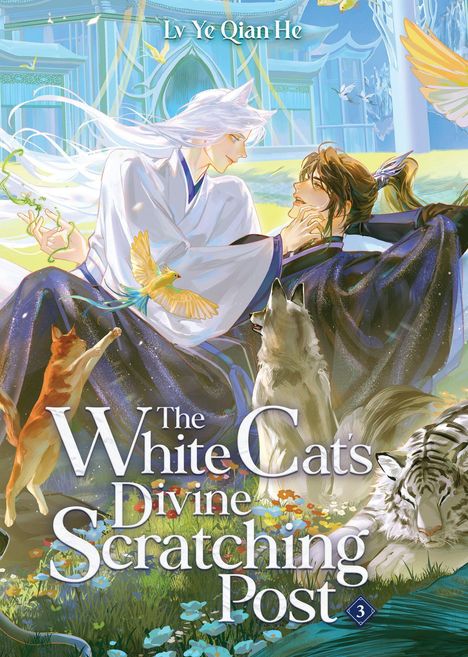 „The White Cats Divine Scratching Post“ und „Lv Ye Qian He“. Illustration mit zwei stilisierten Figuren und Tieren im Garten.