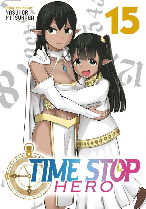 "15", "TIME STOP HERO", zwei Figuren in weißen Gewändern, Uhr-Design unten.