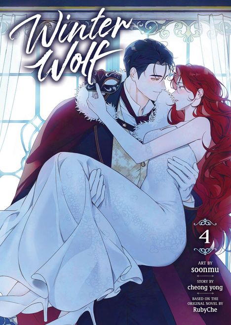 "Winter Wolf" in stilisierter Schrift. Eine Illustration zeigt einen Mann, der eine Frau in einem weißen Kleid trägt.