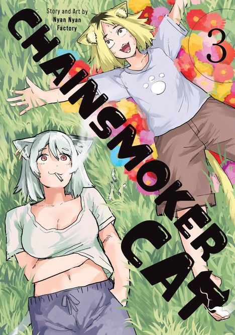 Texte: "CHAINSMOKER CAT", "3", "Story and Art by Nyan Nyan Factory". Zwei Figuren mit Katzenohren, im Gras liegend.
