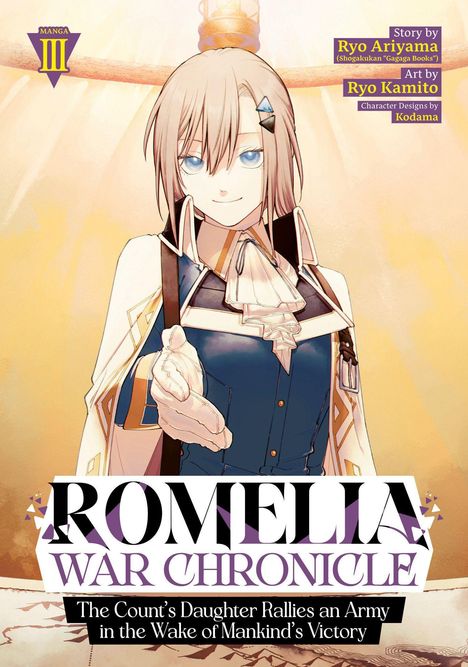Titel: "ROMELIA WAR CHRONICLE". Eine junge Frau mit kurzen Haaren, entschlossen lächelnd, reicht die Hand.