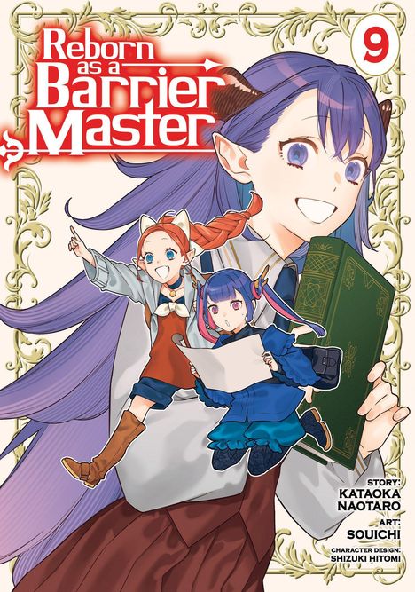 „Reborn as a Barrier Master“ und „9“. Drei Anime-Figuren, eine hält ein Buch, die anderen zwei sind kleiner und fröhlich.