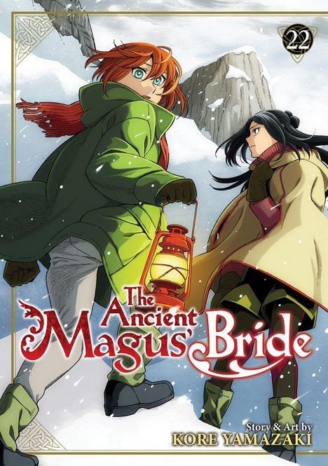 „The Ancient Magus' Bride“, Manga-Cover, zwei Figuren im Schnee, eine trägt eine Laterne, winterliche Kleidung.