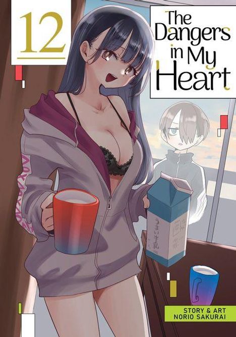 „The Dangers in My Heart“, Band 12. Eine junge Frau mit langem Haar hält Tasse und Milch. Ein Junge steht dahinter.