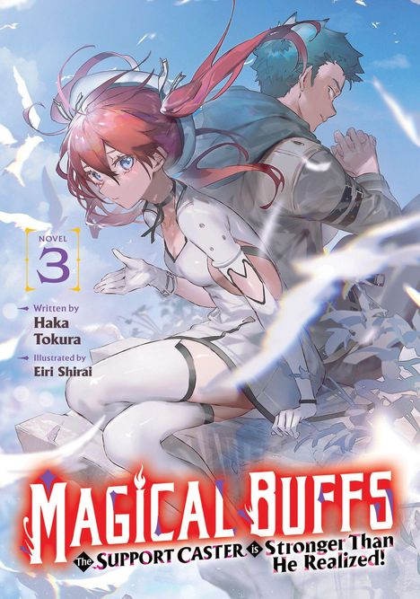 "Novel 3", "Magical Buffs: The Support Caster is Stronger Than He Realized!" Zwei animierte Figuren, Frau mit roten Haaren.