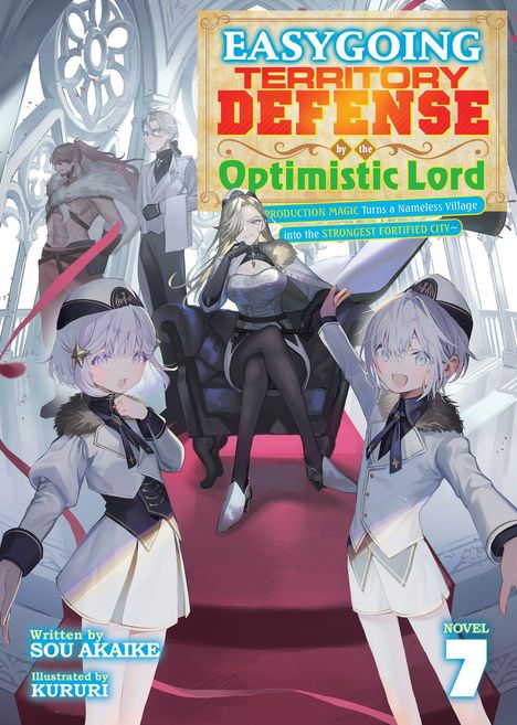 "Easygoing Territory Defense", "Optimistic Lord", "Production Magic", "Novel 7". Figuren in Fantasy-Uniform, eine sitzt auf einem Thron.