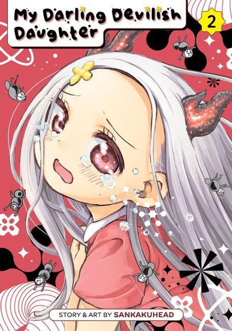 "My Darling Devilish Daughter 2" oben, "Story & Art by Sankakuhead" unten. Ein weinendes Mädchen mit Teufelshörnern, roter Hintergrund.