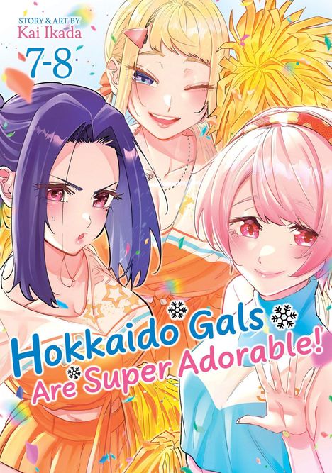 „Hokkaido Gals Are Super Adorable!“ steht auf fröhlicher Illustration mit drei lächelnden Mädchen in bunten Outfits.