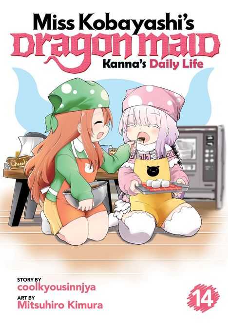 Titel: "Miss Kobayashi's Dragon Maid: Kanna's Daily Life". Zwei fröhliche Figuren in Kochkleidung, in einer Küche.