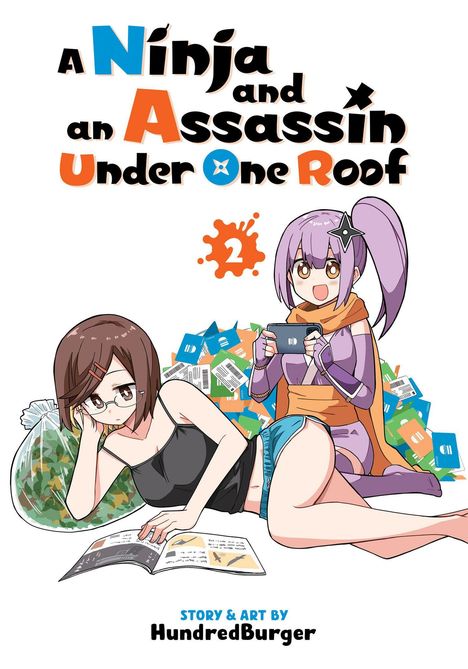 Text: "A Ninja and an Assassin Under One Roof 2". Illustration: Zwei Mädchen, eins liest, das andere spielt Videospiele.