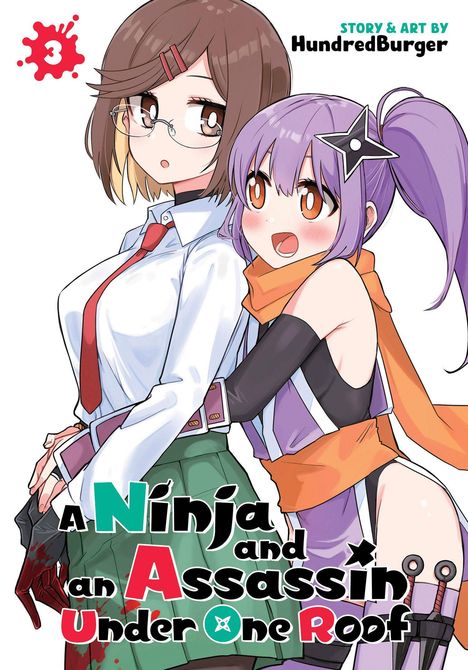 "A Ninja and an Assassin Under One Roof" mit zwei Anime-Figuren, eine mit Brille und die andere mit lila Haaren und Stirnband.