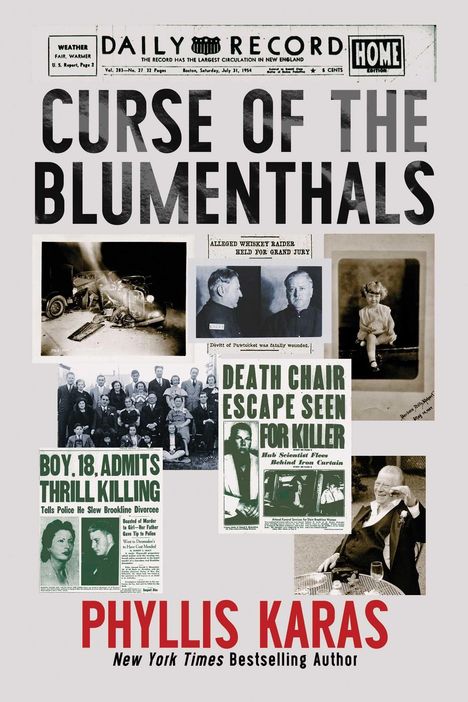 Texte: "CURSE OF THE BLUMENTHALS", "BOY, 18, ADMITS THRILL KILLING", "DEATH CHAIR ESCAPE SEEN FOR KILLER", "PHYLISS KARAS". Zeitungsreise.